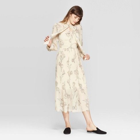 Women's Floral Print Long Sleeve High Neck Pleated Midi Dress - A New Day™ Cream | Target
