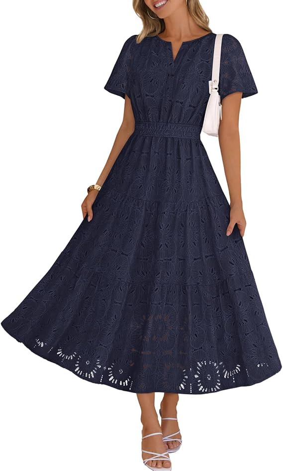 MEROKEETY Women's Summer Floral Maxi Dress 2026 Spring Boho Vacation Eyelet Lace Short Sleeve A L... | Amazon (US)