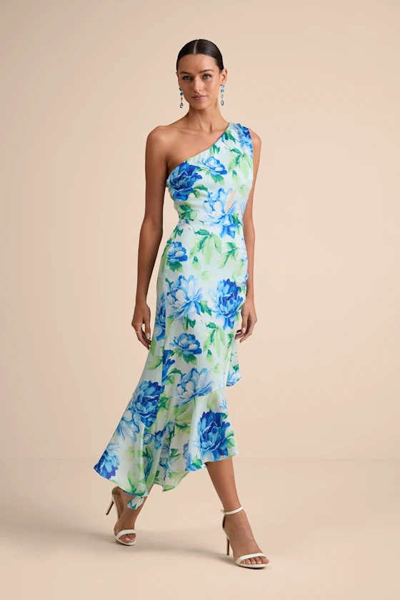 Divinely Blooming Lime Multi Floral One-Shoulder Midi Dress | Lulus