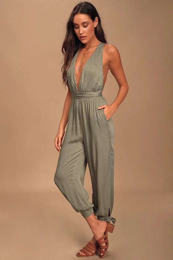 Lolinda Washed Olive Green Convertible Halter Jumpsuit | Lulus (US)