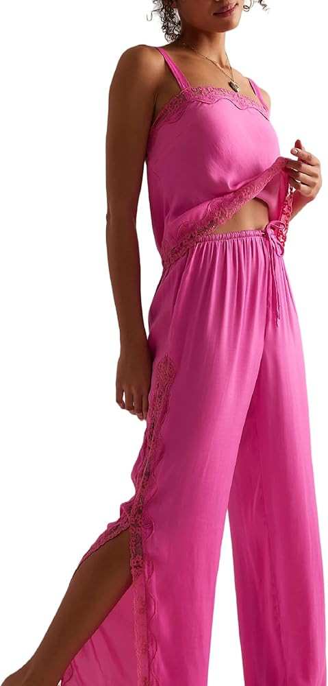 Aonoapll Women Satin Silk Pajama Set Lace Ruffle Cami Top and Pants Lounge Set 2 Piece Silky Pjs ... | Amazon (US)