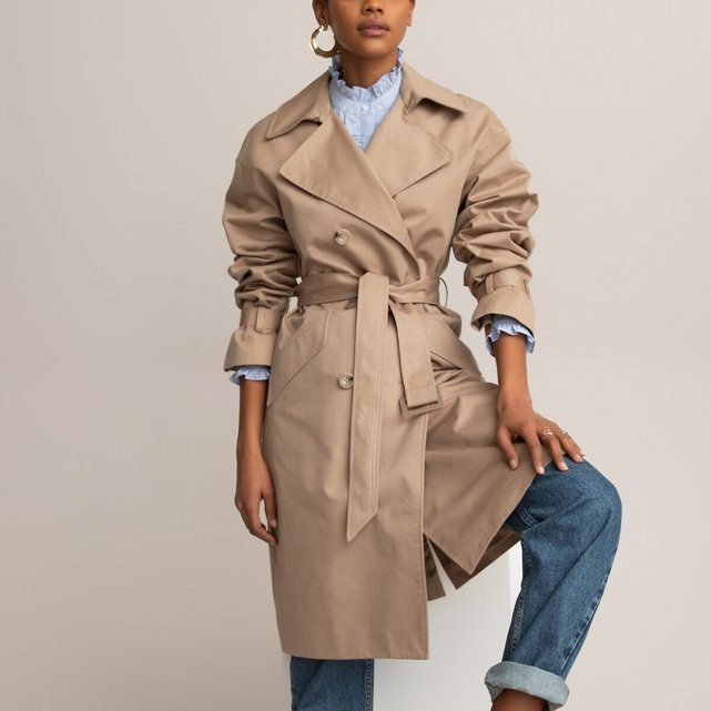 Long Buttoned Trench Coat in Cotton Mix | La Redoute (UK)