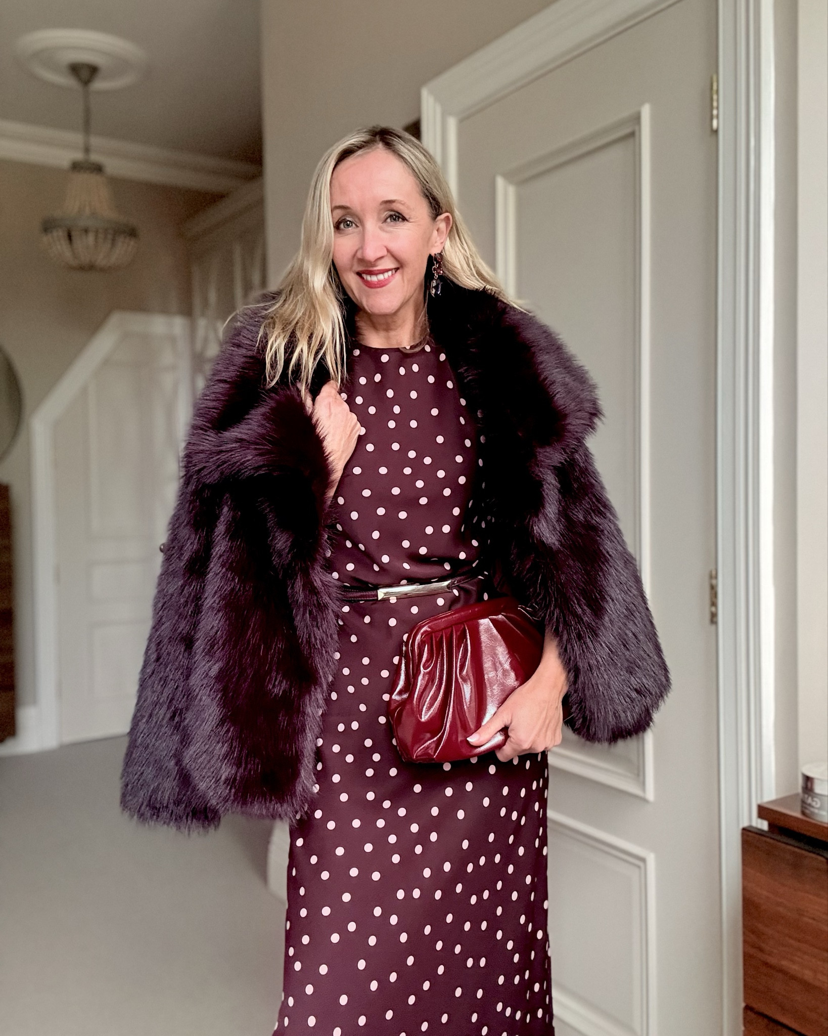 My perfect autumn outfit - burgundy, satin maxi, polka dots, faux fur and the comfiest shoes and bag 

#LTKover50style #LTKuk #LTKdatenight