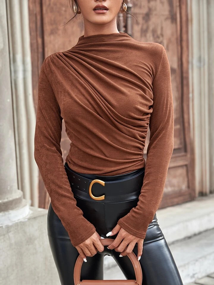 SHEIN Mulvari Solid Mock Neck Ruched Tee | SHEIN