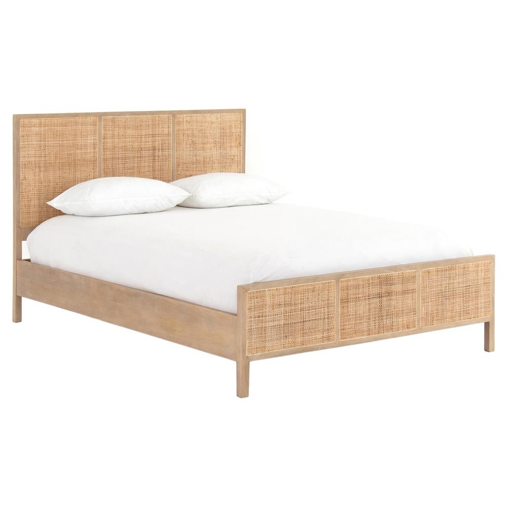 Rhian Coastal Beach Natural Woven Cane Mango Wood Bed - Queen | Kathy Kuo Home