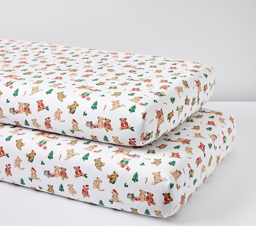 Holiday Teddy Bears Organic Crib Fitted Sheet | Pottery Barn Kids