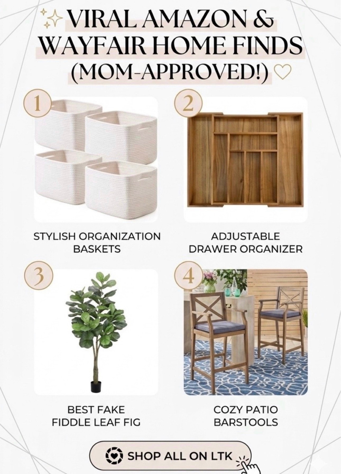 Sharing the top-selling home finds that actually make mom life easier and more stylish! ✨
I’ve rounded up my absolute favorite "tried and true" pieces that are currently trending in my home. From the best kitchen drawer organizer that expands to fit any space, to the woven storage baskets I use for toy rotation and laundry, these finds are the perfect blend of functional and chic.
If you’ve been looking for high-quality home decor on a budget, that faux fiddle leaf fig is a total game changer (no green thumb required!), and the Wayfair barstools are durable enough for the kids but look high-end for hosting.
Shop everything in this post by clicking the products below! 🛍️#LTKorganized #amazonhome #wayfairfinds #homeorganization #momhacks #interiordesign #storageideas #kitchenhacks #affordabledecor

#LTKHome