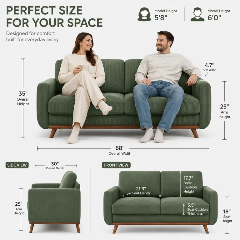 Neche 68" Corduroy Sofa for Living Room, 2 Seater Modern Couch for Small Space Office, Comfy Love... | Walmart (US)