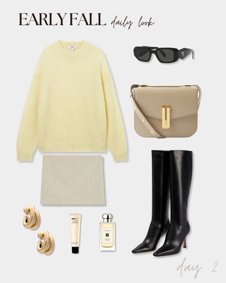 Fall outfit idea, mini striped skirt, cozy sweater, knee high leather boots, yellow for fall. #quietluxury

#LTKworkwear #LTKstyletip #LTKSeasonal