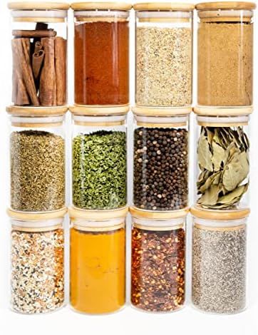 12 Natural Bamboo Spice Jars (8.5 OZ) - Large Glass Spice Jars with Bamboo Lids - Kitchen Jars with  | Amazon (US)