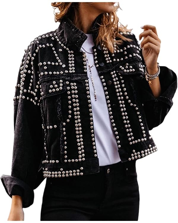 APAFES Women's Fashion Crop Fringe Denim Jacket Distressed Western Studded Black Trucker Jacket | Amazon (US)