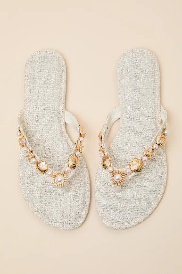 Danie Beige Seashell Pearl Thong Sandals | Lulus