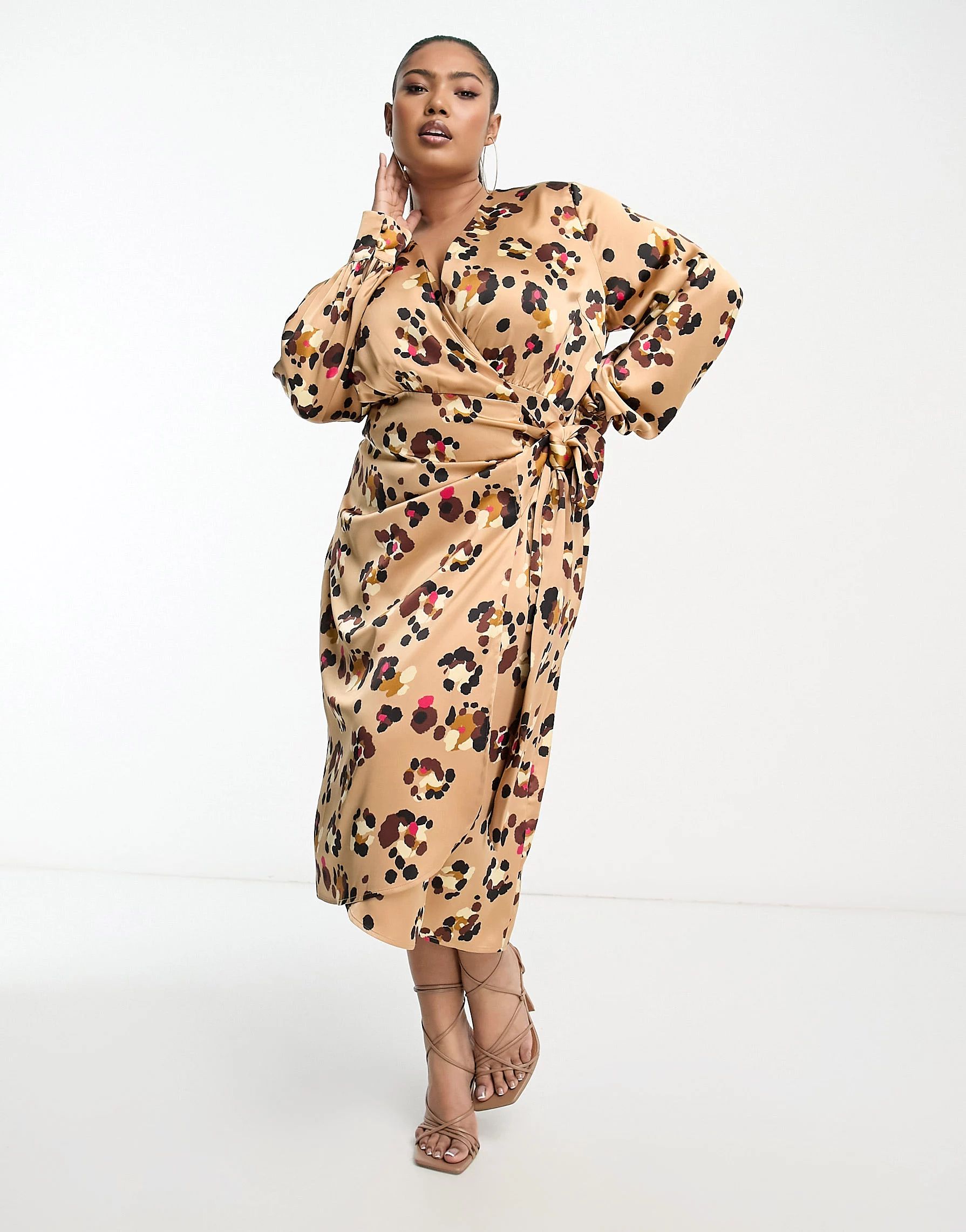 Never Fully Dressed Plus satin wrap midaxi dress in leopard print | ASOS (Global)