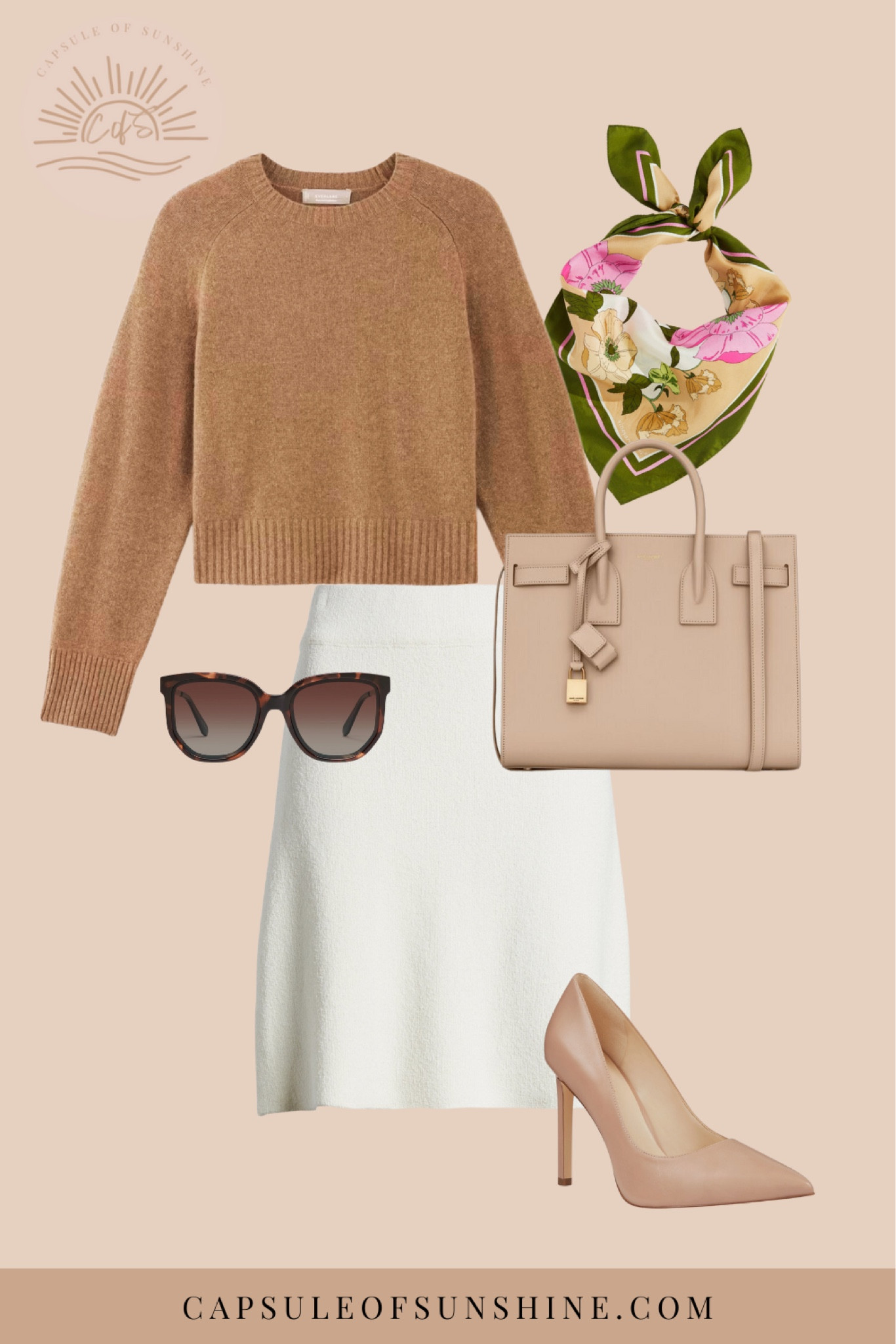 Capsule Wardrobe Series 

Fancy brunch date? Look no further. Pairing a brown sweater with a white skirt, beige pointed toe heels, and a matching structured handbag in this cute polished outfit. The floral scarf and tortoiseshell sunglasses add a touch of flair, I like to wear silk scarves in my hair, tied around my neck, or even on my handbag! There are several different ways to sport one. 

light brown sweater | white skirt | beige pointed-toe heels | matching handbag | floral scarf | tortoiseshell sunglasses | chic elegant | sophisticated style

#CapsuleOfSunshine #ChicStyle #EffortlessElegance #FashionInspo #WardrobeEssentials #StyleInspiration #DailyOutfit #SophisticatedFashion #OOTD #CapsuleWardrobe  #ClosetStaples 

#LTKStyleTip #LTKItBag #LTKSummerSales