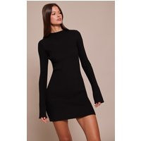 Black Rib Long Sleeve Knitted Mini Dress | PrettyLittleThing US