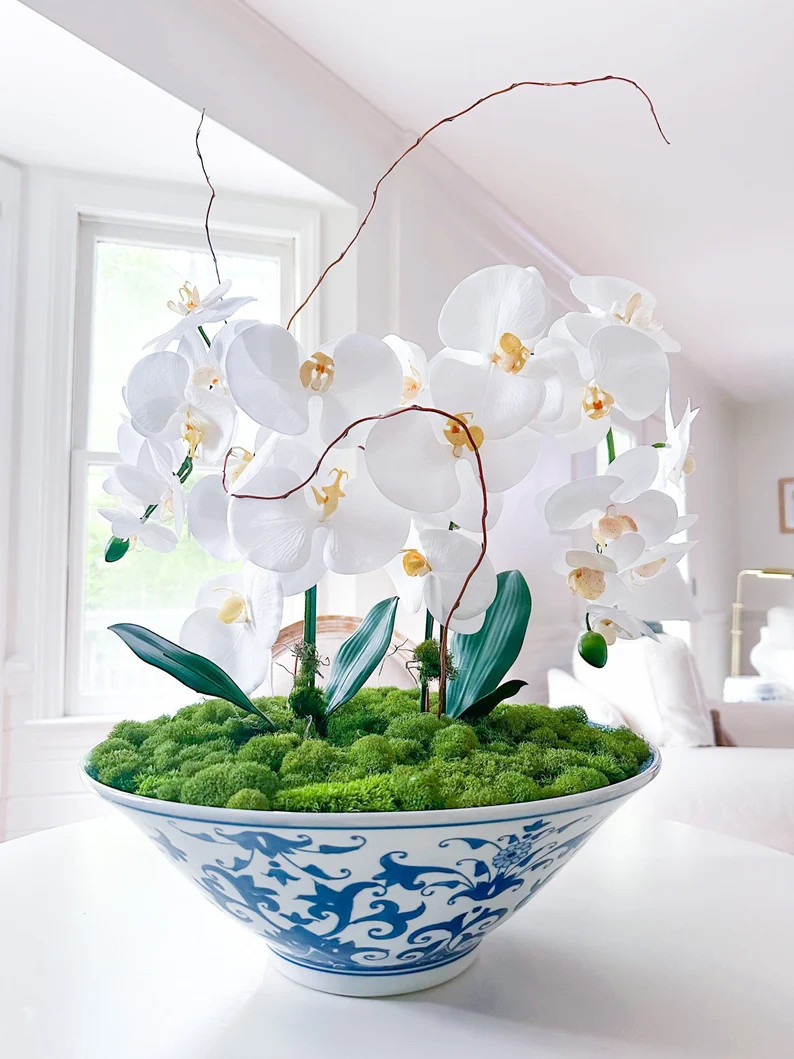 Preserved Moss Orchid Centerpieces Extra Large Blue and White Chinoiserie Bowl - Etsy | Etsy (US)