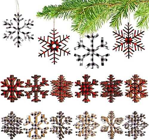 48 Pieces Christmas Wooden Snowflake Ornaments 12 Styles Buffalo Plaid Snowflake Wood Slice Craft... | Amazon (US)