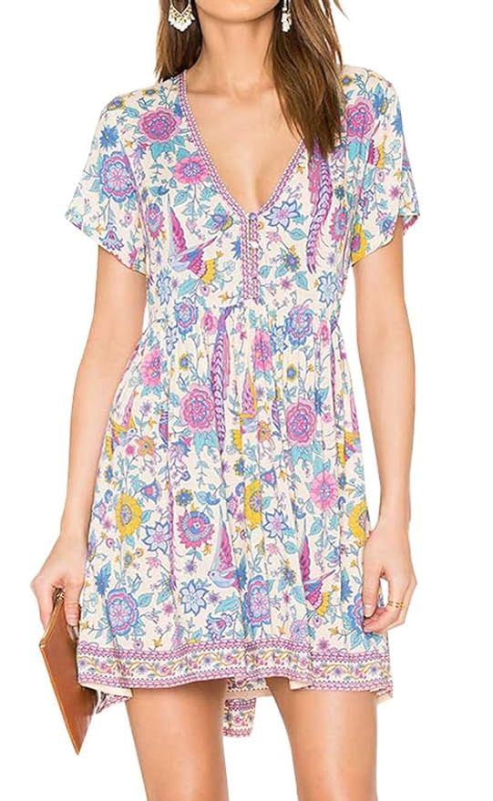 R.Vivimos Womens Short Sleeve Floral Print V Neck Cotton Short Dresses | Amazon (US)