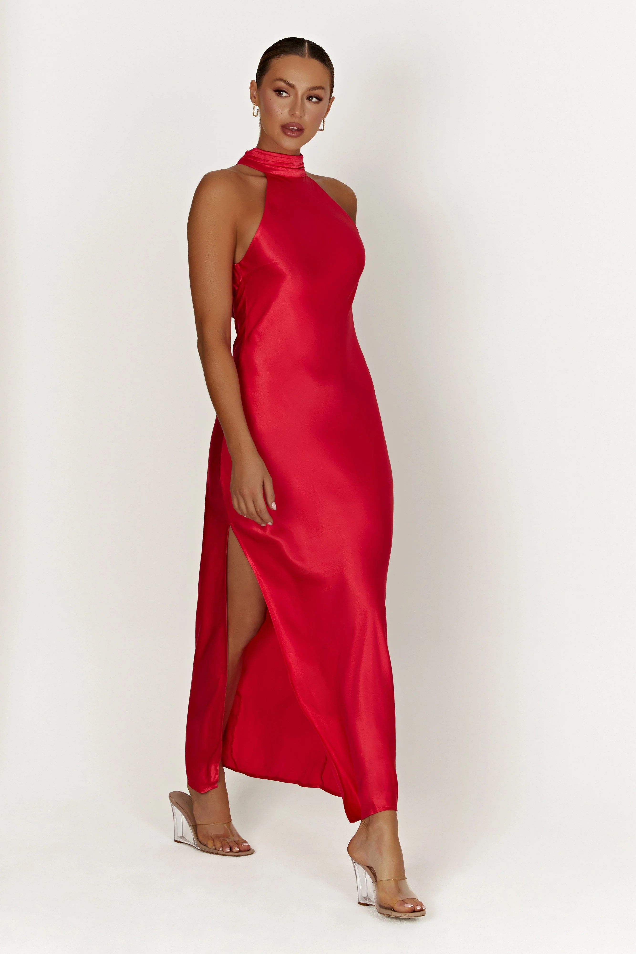 Claire Satin Drape Back Maxi Dress with Split - Red | MESHKI US