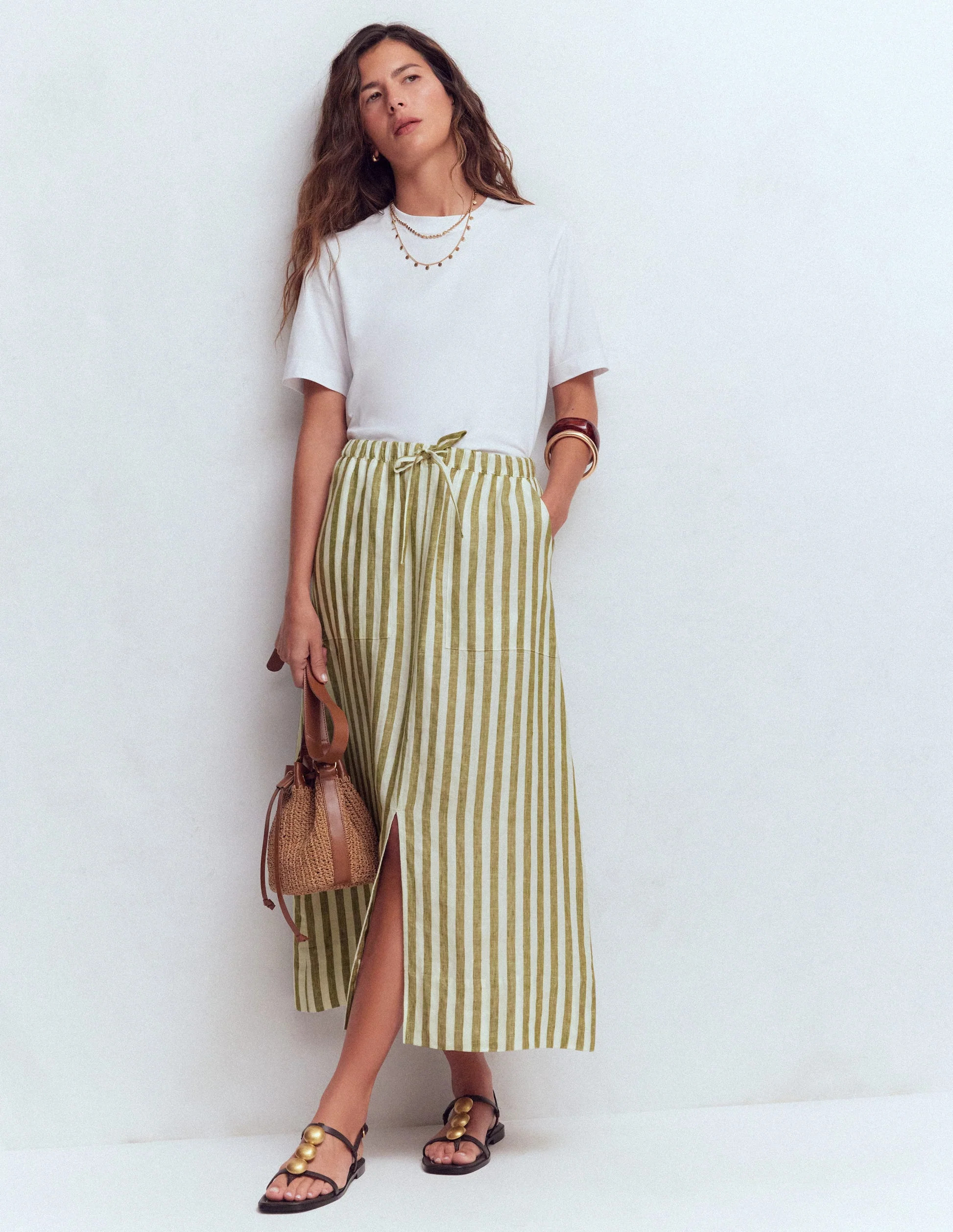 Layla Linen Skirt-Green Stripe | Boden UK