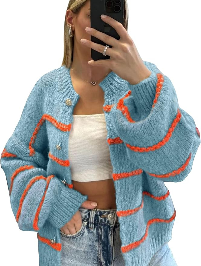 QIBABU Womens Striped Cardigan Sweaters Casual Open Front Long Sleeve Button Down Knit Outwear | Amazon (US)