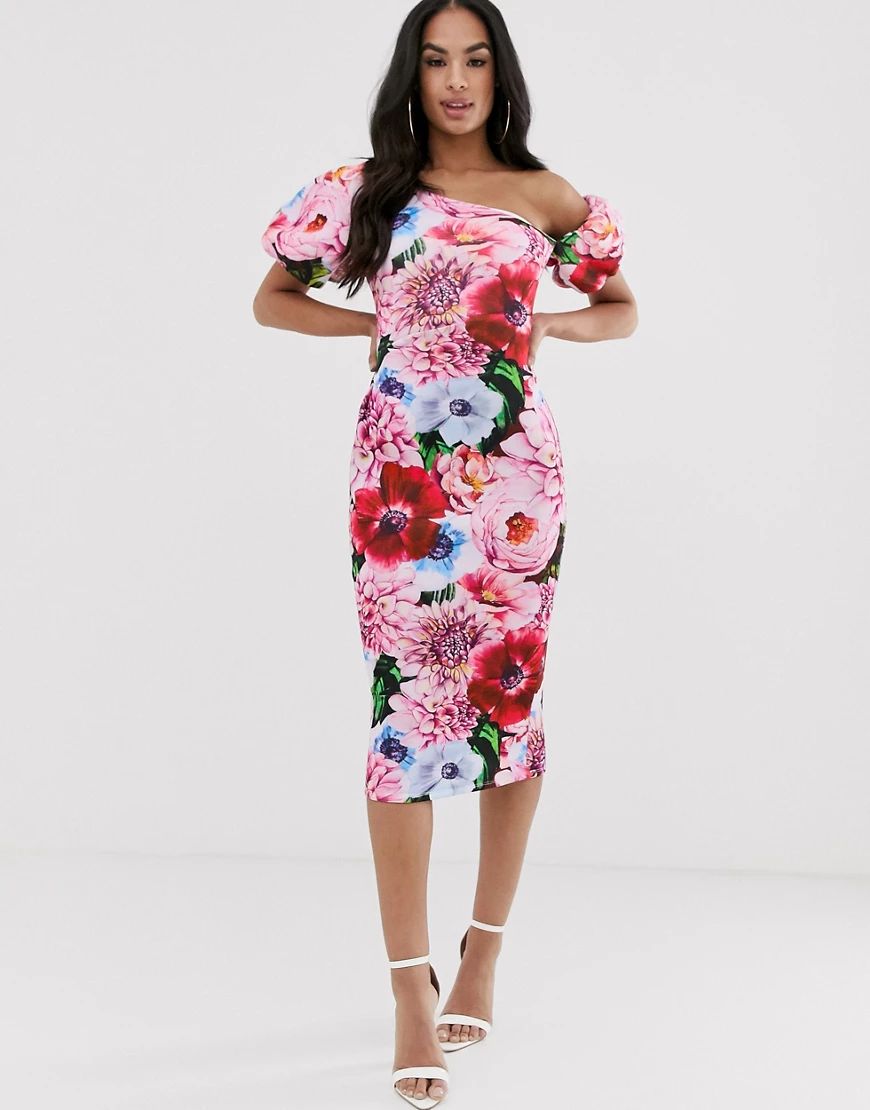 ASOS DESIGN floral asymmetric bubble sleeve midi dress-Multi | ASOS (Global)