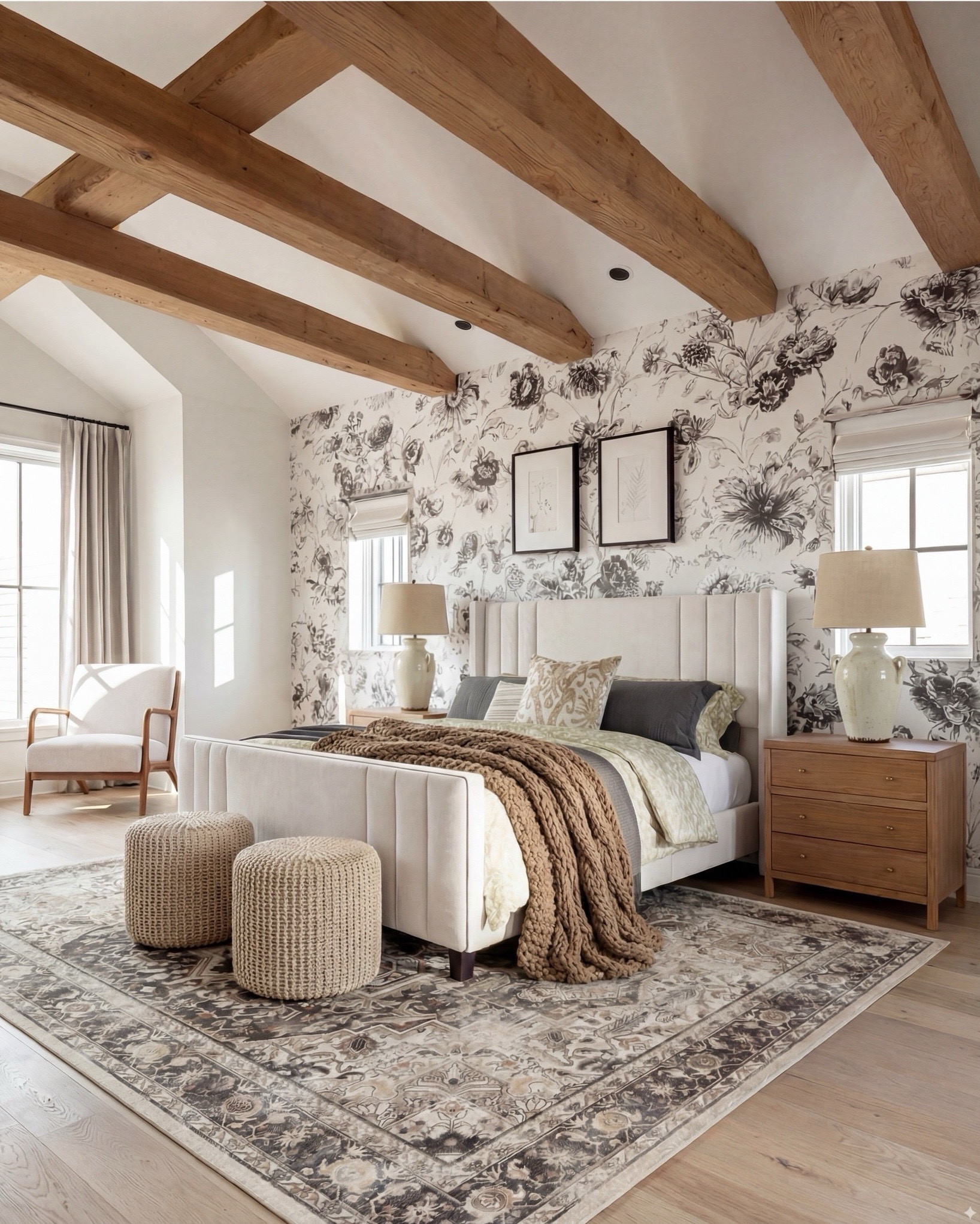 Shop the look:
• Upholstered channel-tufted bed — ivory/cream
• Chunky knit throw — warm chestnut brown
• Decorative pillows — muted sage, oatmeal, charcoal
• Light oak nightstands — natural finish
• Ceramic table lamps — soft cream
• Woven ottomans — natural jute
• Patterned area rug — taupe, sand, charcoal
• Accent chair — cream upholstery with warm wood frame
• Botanical wall art — black frames
• Floral wallpaper — charcoal sketch on ivory background

#LTKhome #LTKsale #LTKstyletip