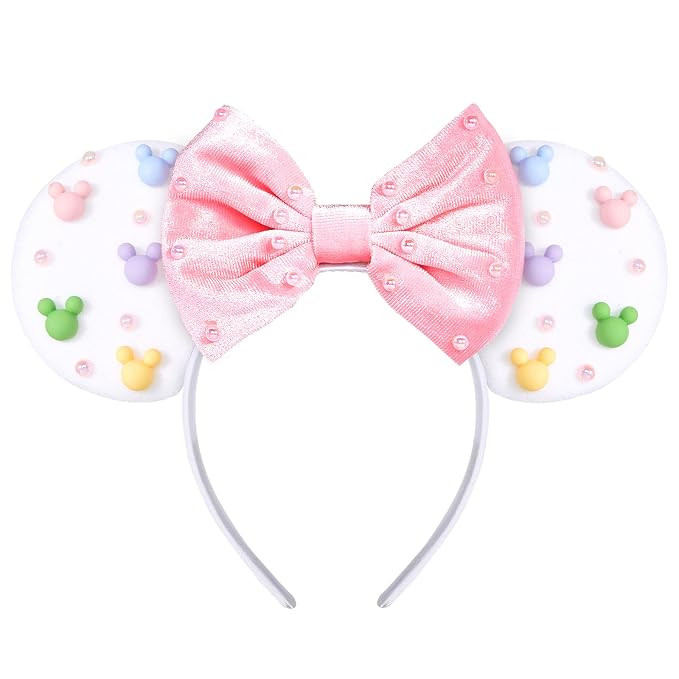 Mouse Ears Headband,Pink bow Headband with Pearl for Women Girls, Cute Velvet Hair Accessories fo... | Amazon (US)