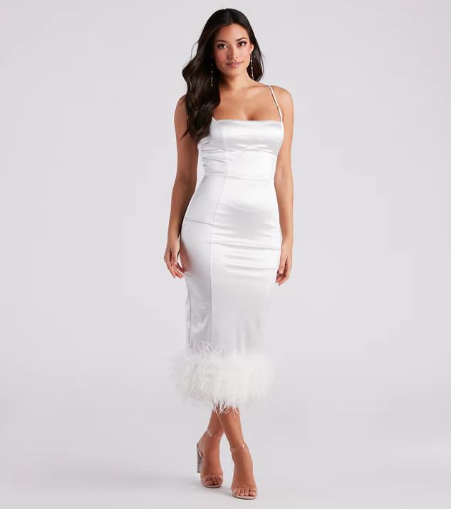 Sofia Formal Satin Feather Midi Dress | Windsor Stores