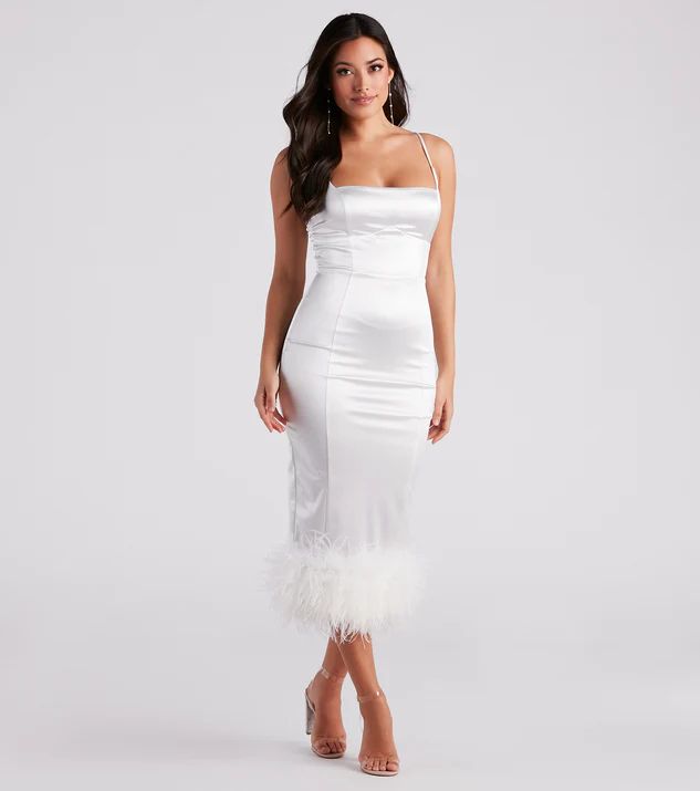 Sofia Formal Satin Feather Midi Dress | Windsor Stores