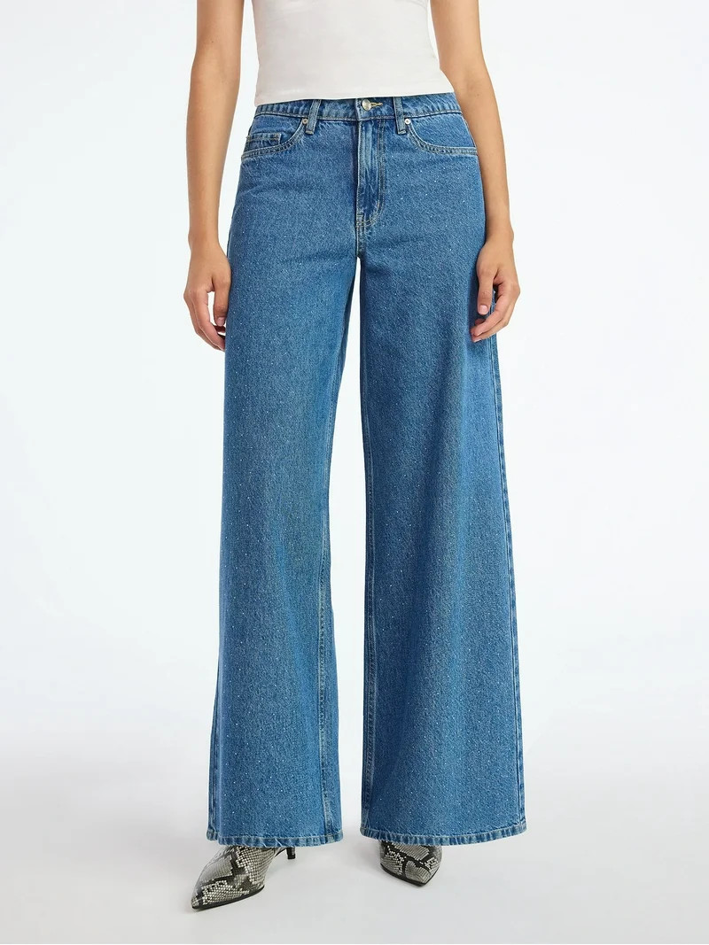 Scoop Women’s and Women’s Plus Rhinestone Embellished Wide Leg Jeans, Sizes 0-26W | Walmart (US)