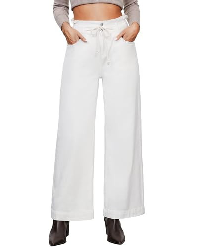 LookbookStore Wide Leg Pants for Women Jeans Jeans for Women Trendy Baggy Casual Pants for Women White Wide Leg Pants for Women Off White Size X-Small Fits US Size 0 - Size 2 | Amazon (US)