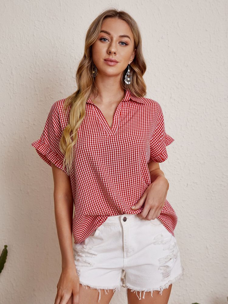 Notch Neck Gingham Blouse | SHEIN