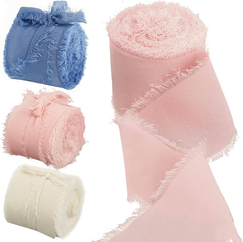 1-1/2 inch Chiffon Ribbon, 21 Yards Fringed Sides Polyester Silk Ribbons for Wedding Flowers, Wre... | Amazon (US)