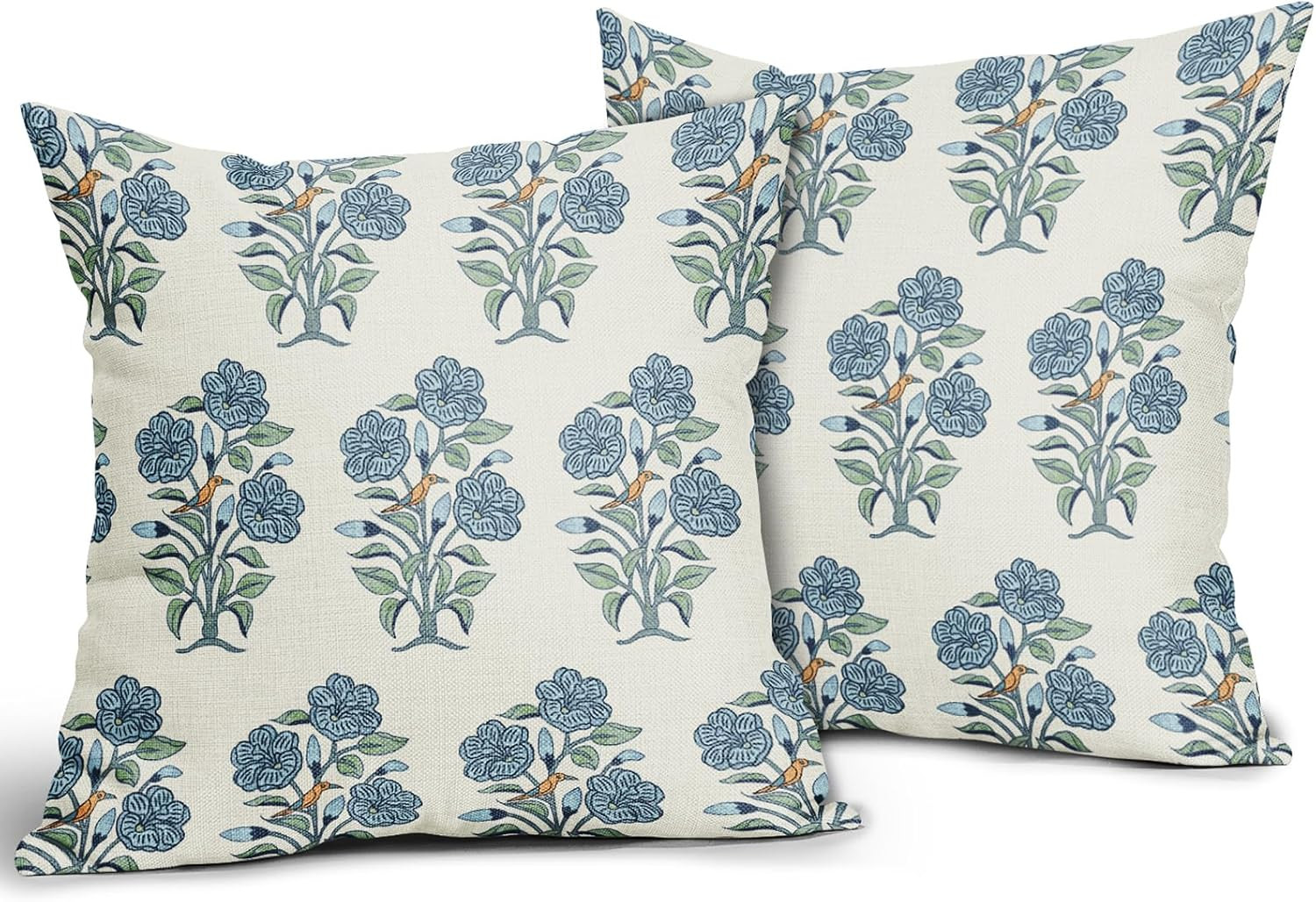 Blue Floral Block Print Pillow Covers 18x18 Light Blue Green Chinoiserie Flowers Birds Monsoon De... | Amazon (US)