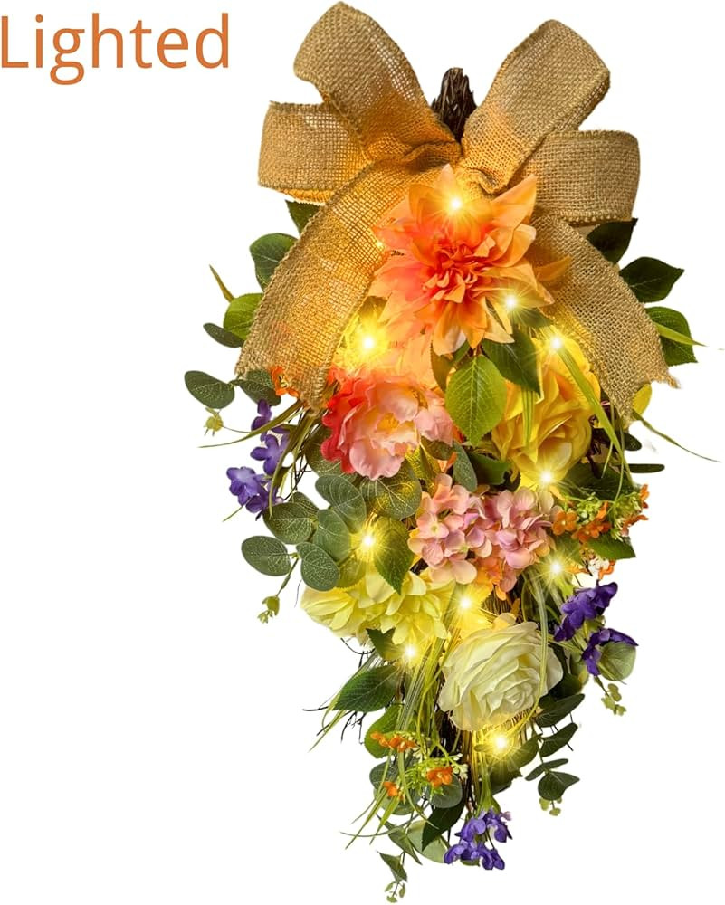 Svndlyn Spring Summer Floral Teardrop Swags Lighted Mixed Flower Teardrop Wreath with Dahlia Pinn... | Amazon (US)