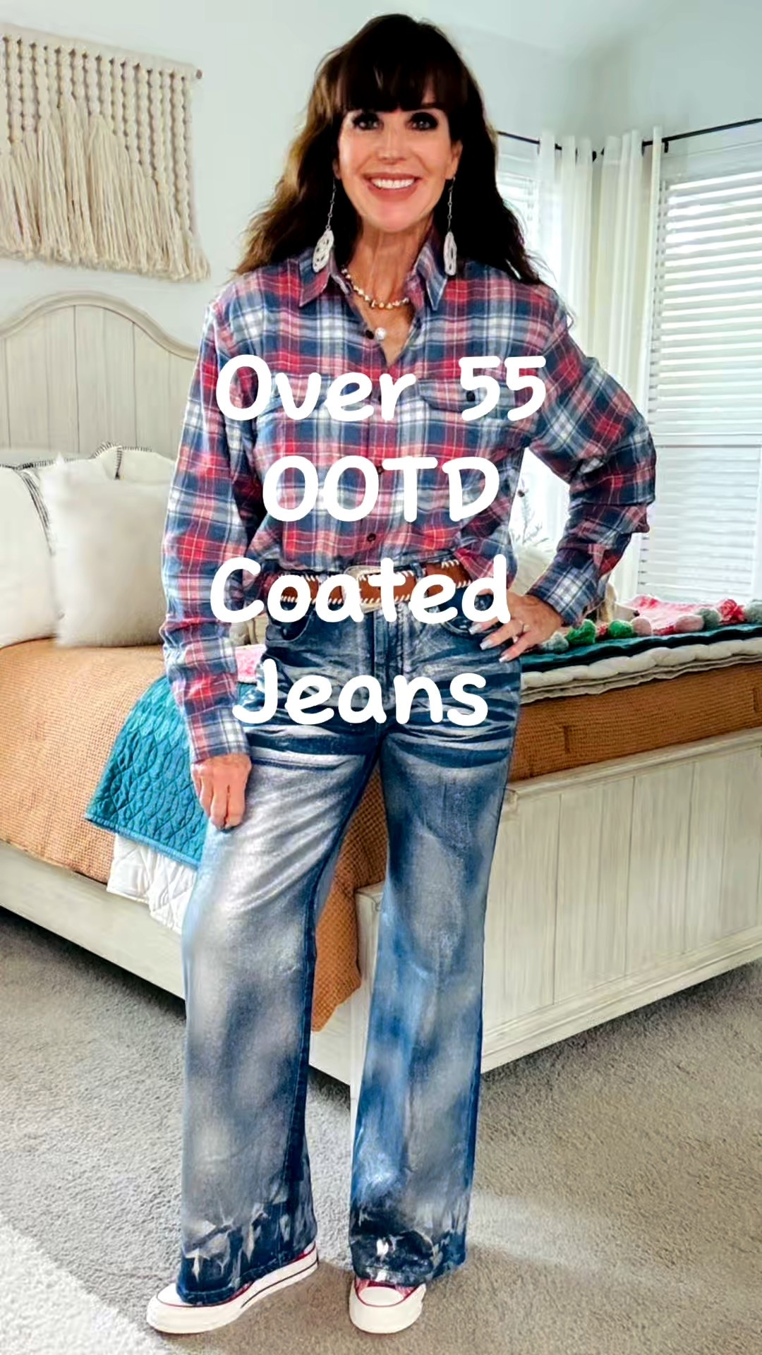 Over 55 OOTD, when metallic coated jeans become a fun casual vibe!  I love getting flannels from the men’s dept because then the arms are long enough for me!  Plus this one was under $13 so no worries about cropping it off raw!  Wedge heel sneakers and a little western vibe, and fun jewelry tie up the whole look! 

#LTKTall #LTKOver40 #LTKootd