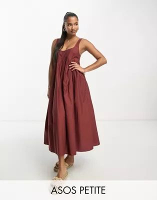 ASOS DESIGN Petite square neck midi smock sundress in rust | ASOS (Global)