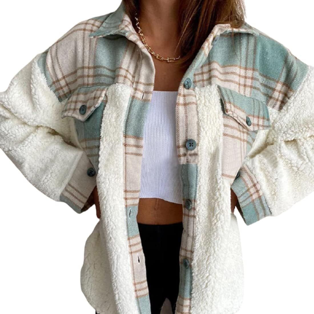 utcoco Women's Casual Flannel Plaid Shaggy Sherpa Shacket Jackets Patchwork Fleece Brushed Button... | Amazon (US)