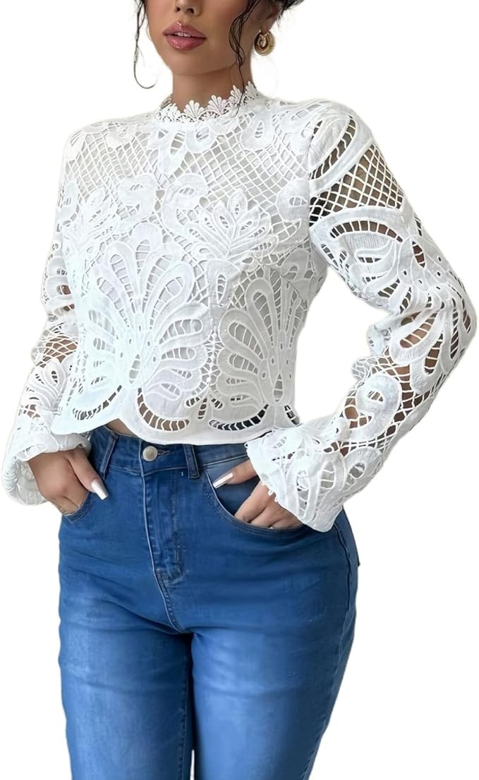Women's Lace Floral Crochet Mock Neck Hollow Long Sleeves Fashion Business T Shirt | Amazon (US)