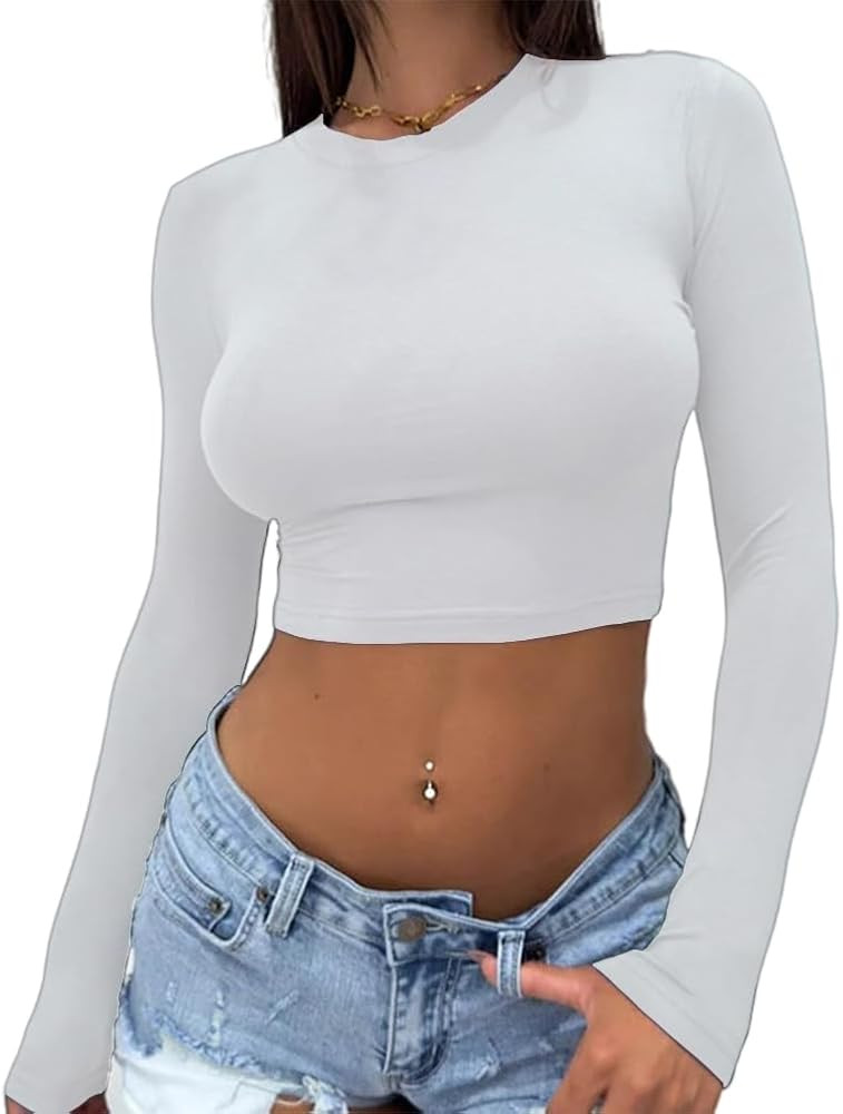 Abardsion Women's Sexy Long Sleeve Crop Top 2023 Crew Neck Basic Fitted Tight Cropped T Shirts | Amazon (US)
