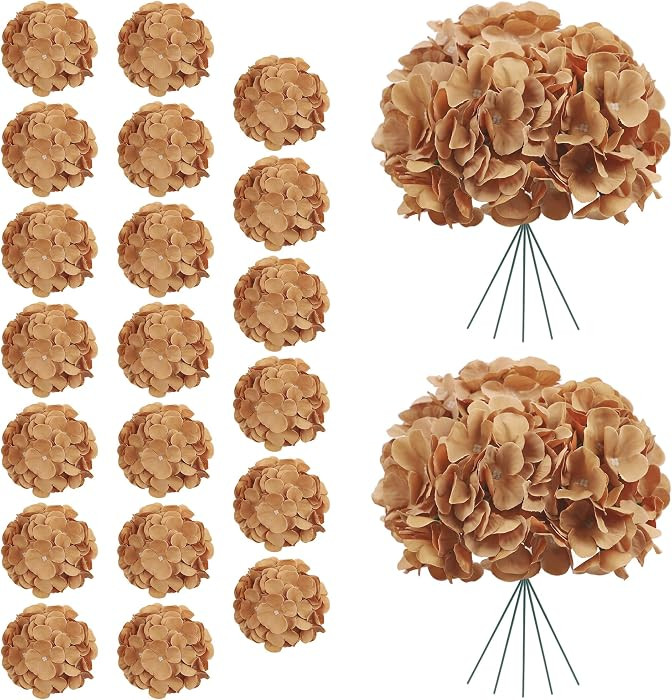 AVIVIHO 20Pcs Brown Hydrangea Artificial Flowers Bulk Realistic Silk Faux Hydrangea Heads with St... | Amazon (US)