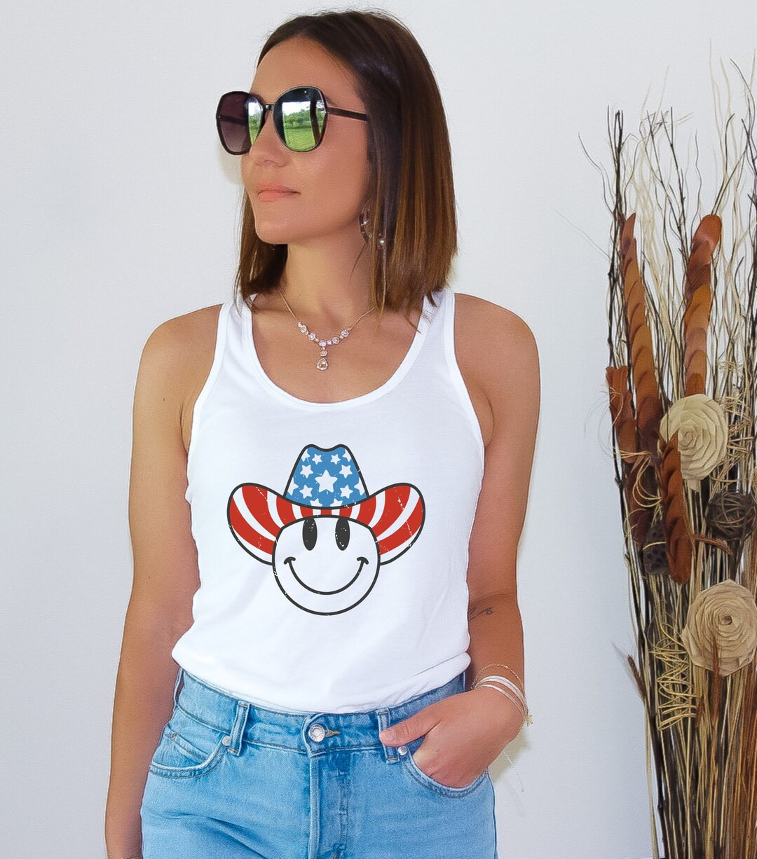 Smiley Cowboy Face Tank Top 4th July Retro Shirtusa - Etsy | Etsy (US)