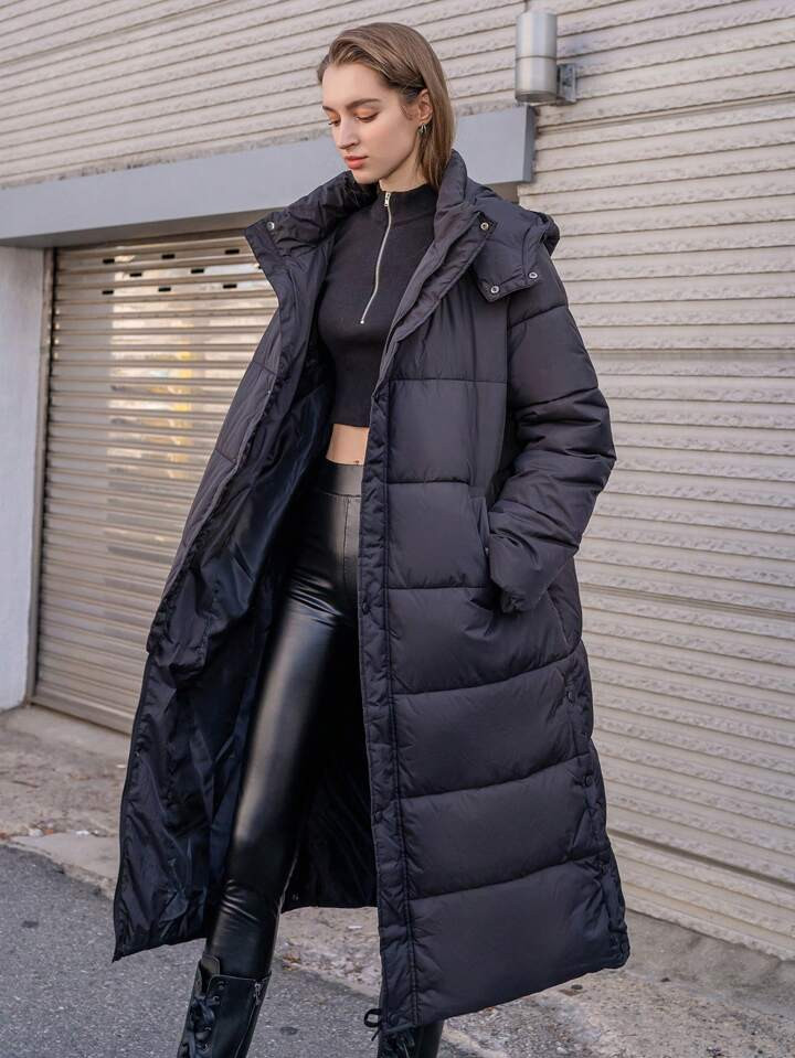 DAZY Slant Pocket Zipper Hooded Longline Puffer Thick Pockets Coat | SHEIN