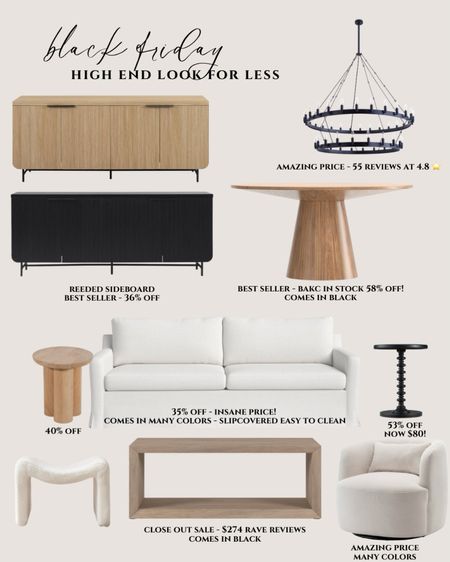 Black Friday deal furniture. Designer look for less. 
Black sideboard Reeded. Modern sideboard oak. Round dining table white oak. Black chandelier tiered. Black side table modern. Wooden side table round. White accent chair swivel. White sofa slipcovered. Modern sofa white. Modern coffee table with shelf. Oak coffee table rectangular. 

#LTKsalealert #LTKhome #LTKCyberWeek