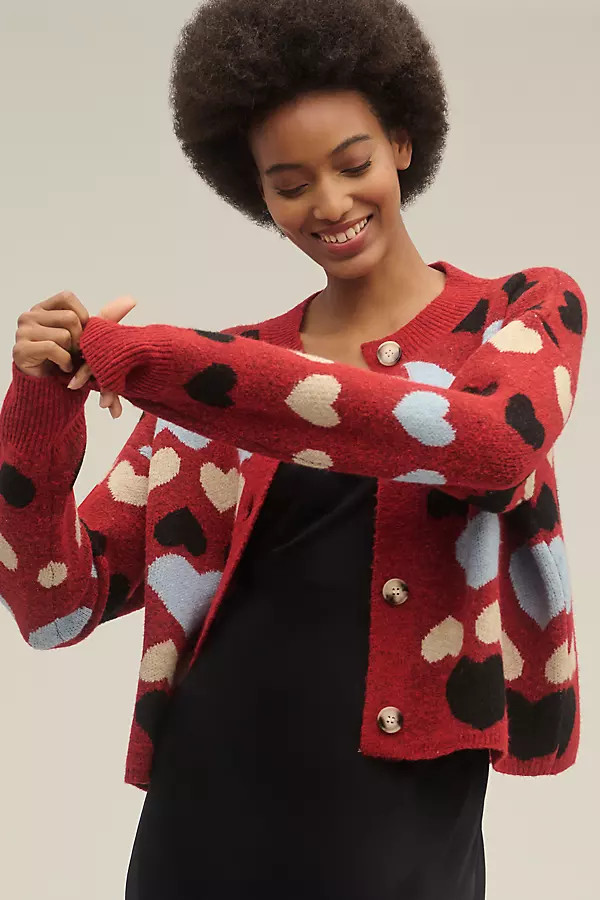 English Factory Crew-Neck Heart Icon Cardigan Sweater | Anthropologie (US)
