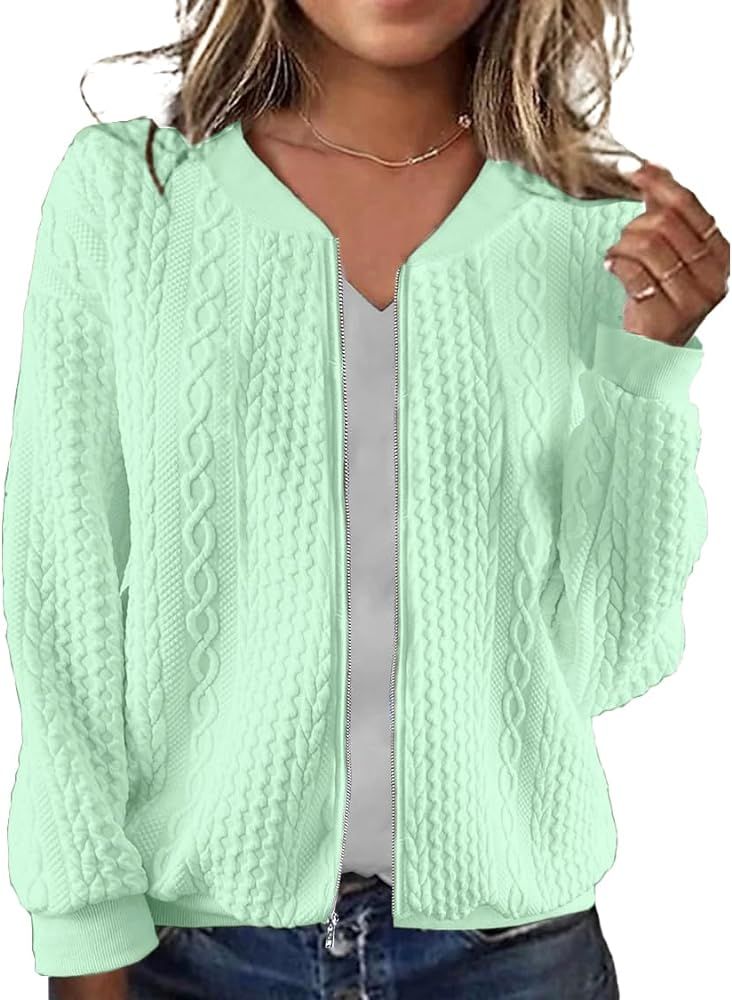Zip Up Sweater for Women Casual Sweater Cardigan Cable Knit Trendy Winter Jacket Coat | Amazon (US)
