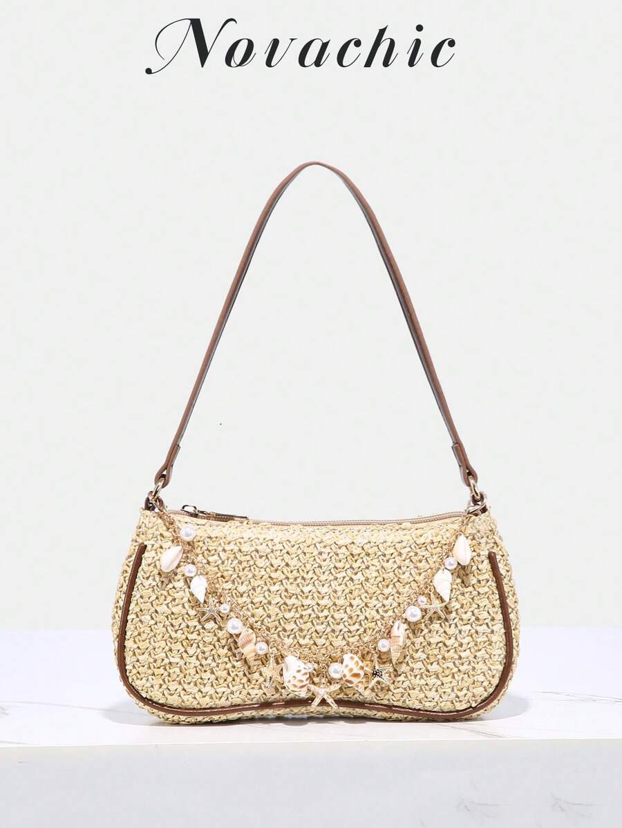 Novachic, Minimalist Straw Woven Bag, Decorated With Shell And Starfish Chains, Zipper Closure Sh... | SHEIN