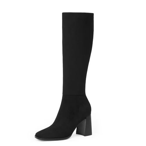 VIUGJNEX Knee High Boots Women Black Knee High Boots for Women Black Tall Boots Chunky Heel Womens Suede Boots Square Toe Long Boots Size 6.5 | Amazon (US)