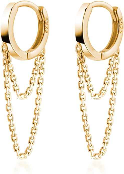 Reffeer Solid 925 Sterling Silver Tassel Chain Drop Dangle Small Hoop Earrings Huggie for Women T... | Amazon (US)